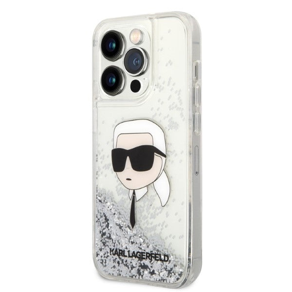 Hülle für Apple iPhone 14 Pro Max, Karl Lagerfeld, Glitter Karl's Head, Silbern