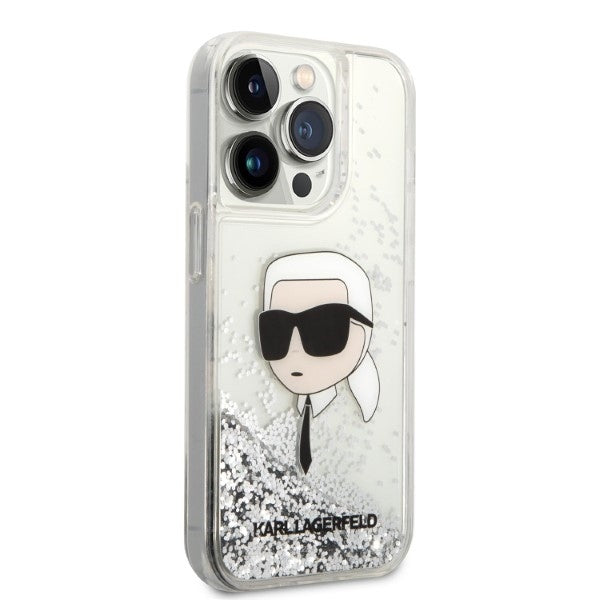 Hülle für Apple iPhone 14 Pro Max, Karl Lagerfeld, Glitter Karl's Head, Silbern