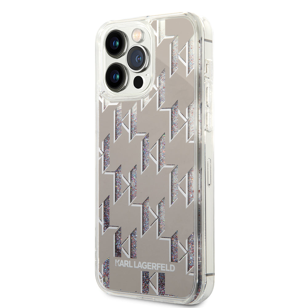 Hülle für Apple iPhone 14 Pro Max, Karl Lagerfeld, Liquid Glitter Monogram, Silbern