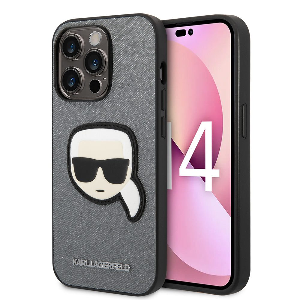 Hülle für Apple iPhone 14 Pro Max, Karl Lagerfeld, Saffiano Karl's Head, Silbern