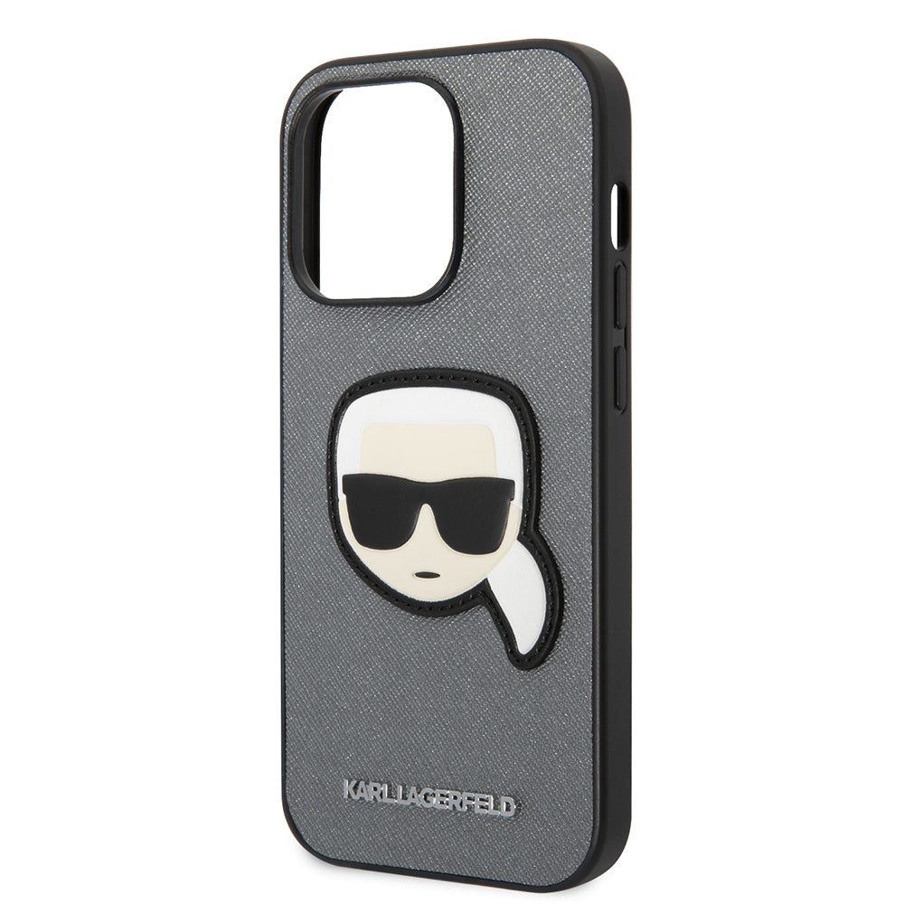 Hülle für Apple iPhone 14 Pro Max, Karl Lagerfeld, Saffiano Karl's Head, Silbern
