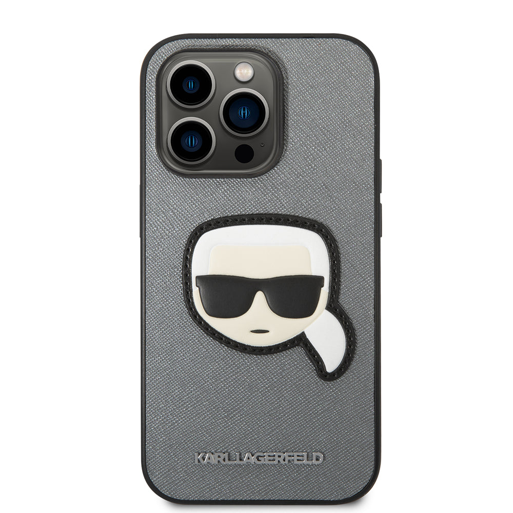 Hülle für Apple iPhone 14 Pro Max, Karl Lagerfeld, Saffiano Karl's Head, Silbern