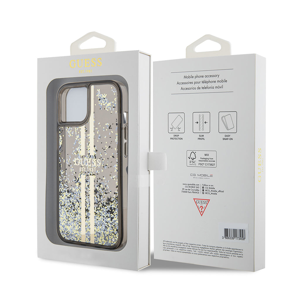 Case for Apple iPhone 15, Guess, Liquid Glitter Gold Stripes, Black