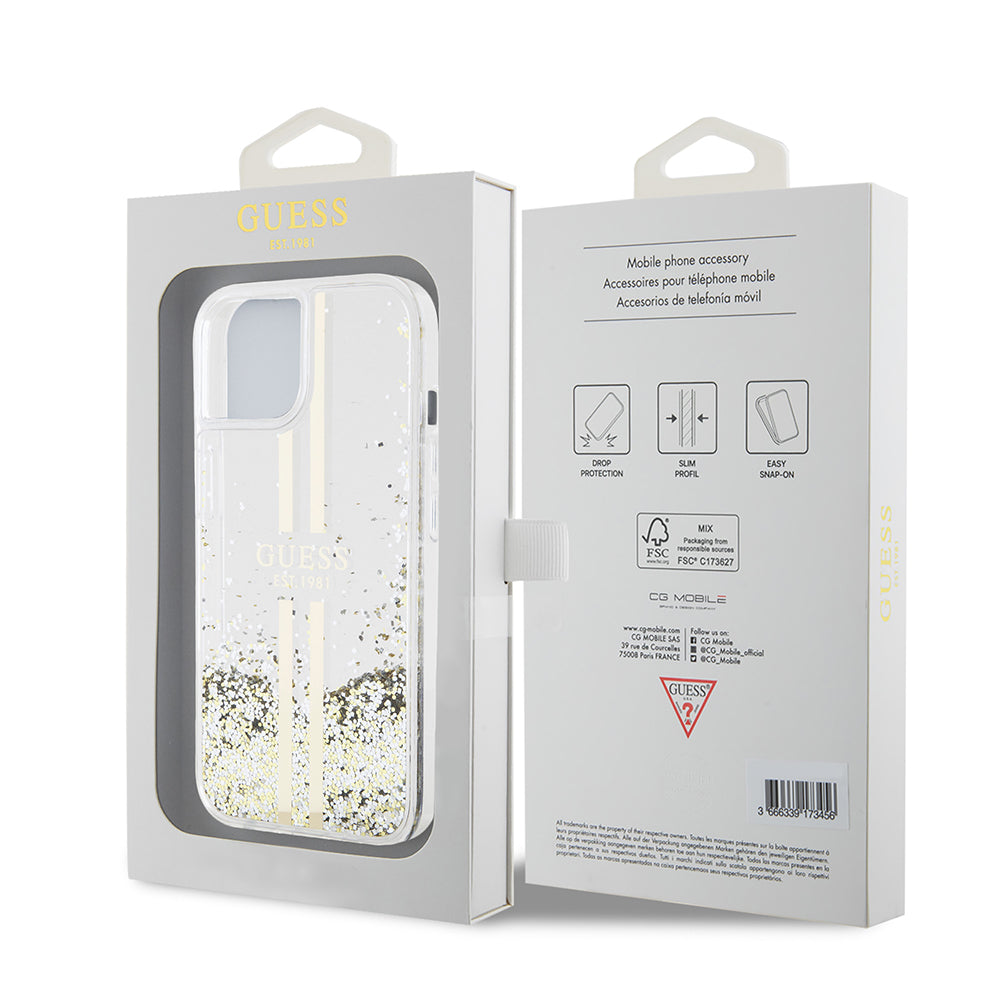 Case for Apple iPhone 15, Guess, Liquid Glitter Gold Stripes, Transparent