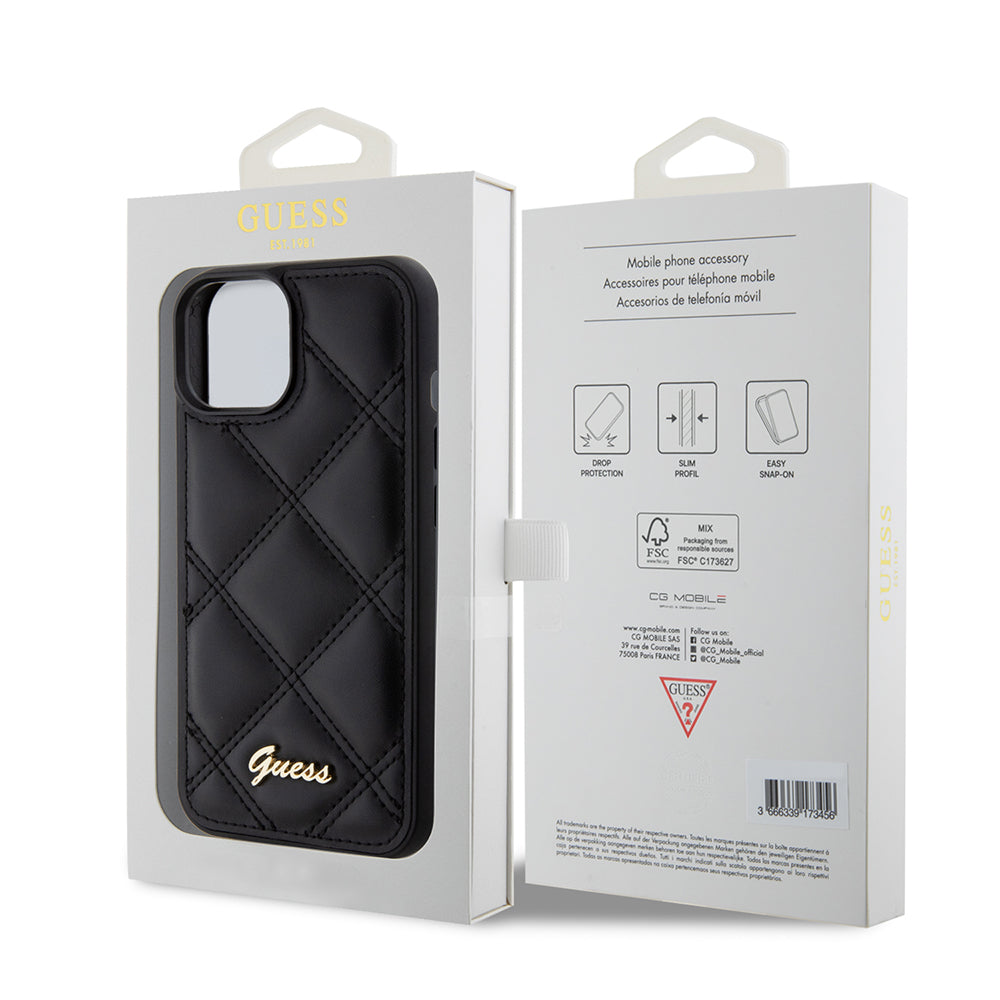 Hülle für Apple iPhone 15, Guess, Quilted Metal Logo, Schwarz