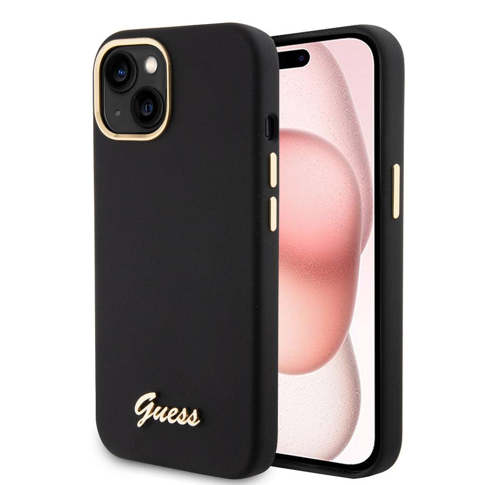 Hülle für Apple iPhone 15, Guess, Script Metal Logo & Rahmen, Schwarz