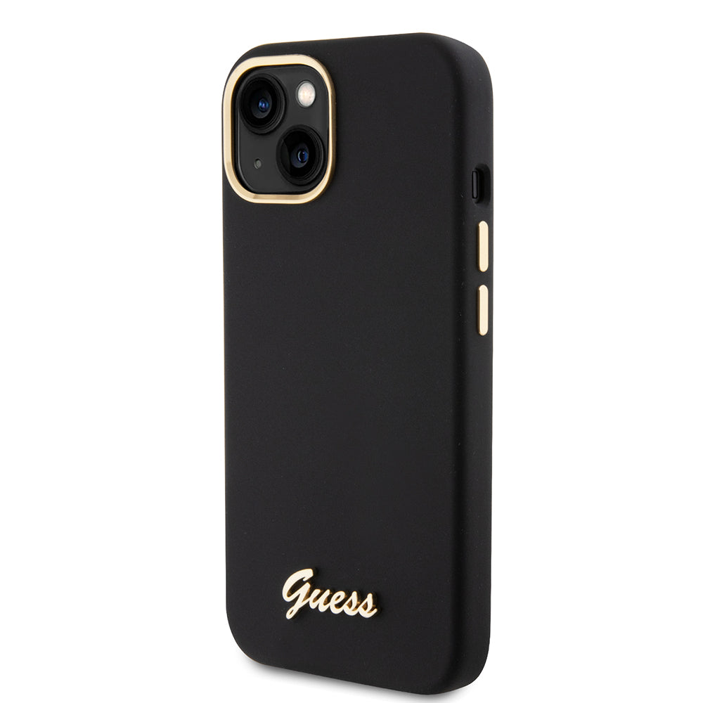 Hülle für Apple iPhone 15, Guess, Script Metal Logo & Rahmen, Schwarz