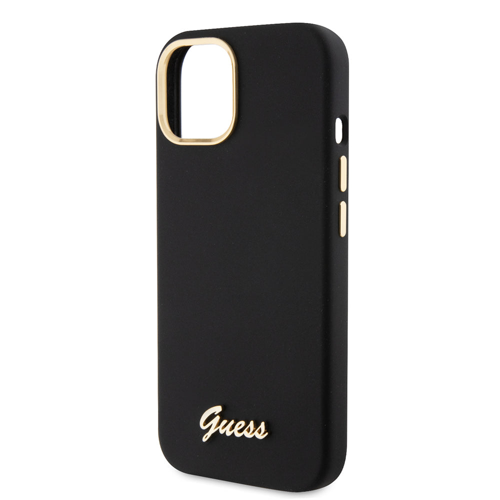 Hülle für Apple iPhone 15, Guess, Script Metal Logo & Rahmen, Schwarz