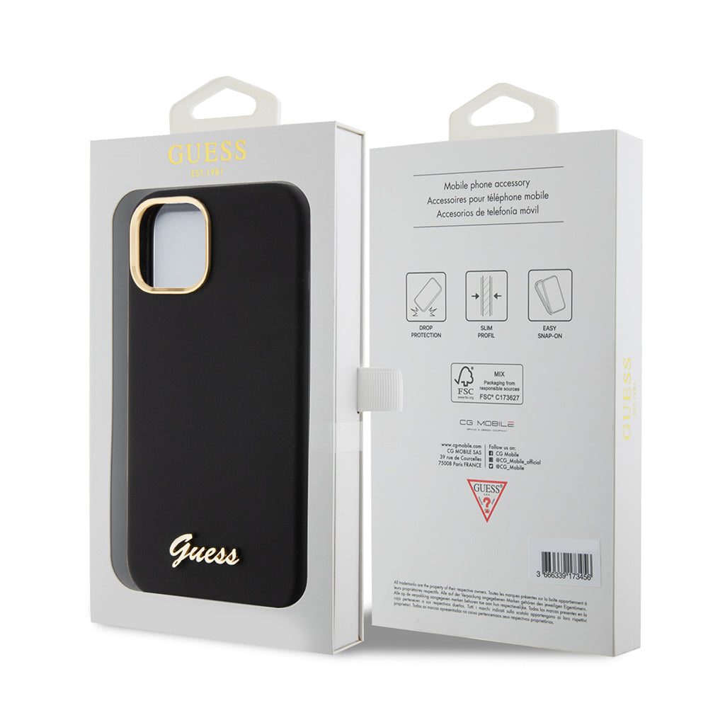 Hülle für Apple iPhone 15, Guess, Script Metal Logo & Rahmen, Schwarz