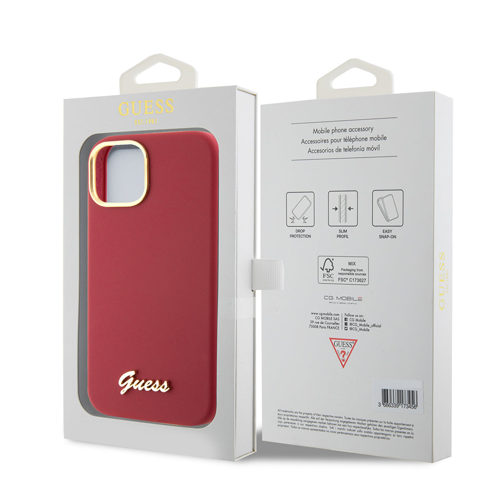 Hülle für Apple iPhone 15, Guess, Script Metal Logo & Rahmen, Rosa