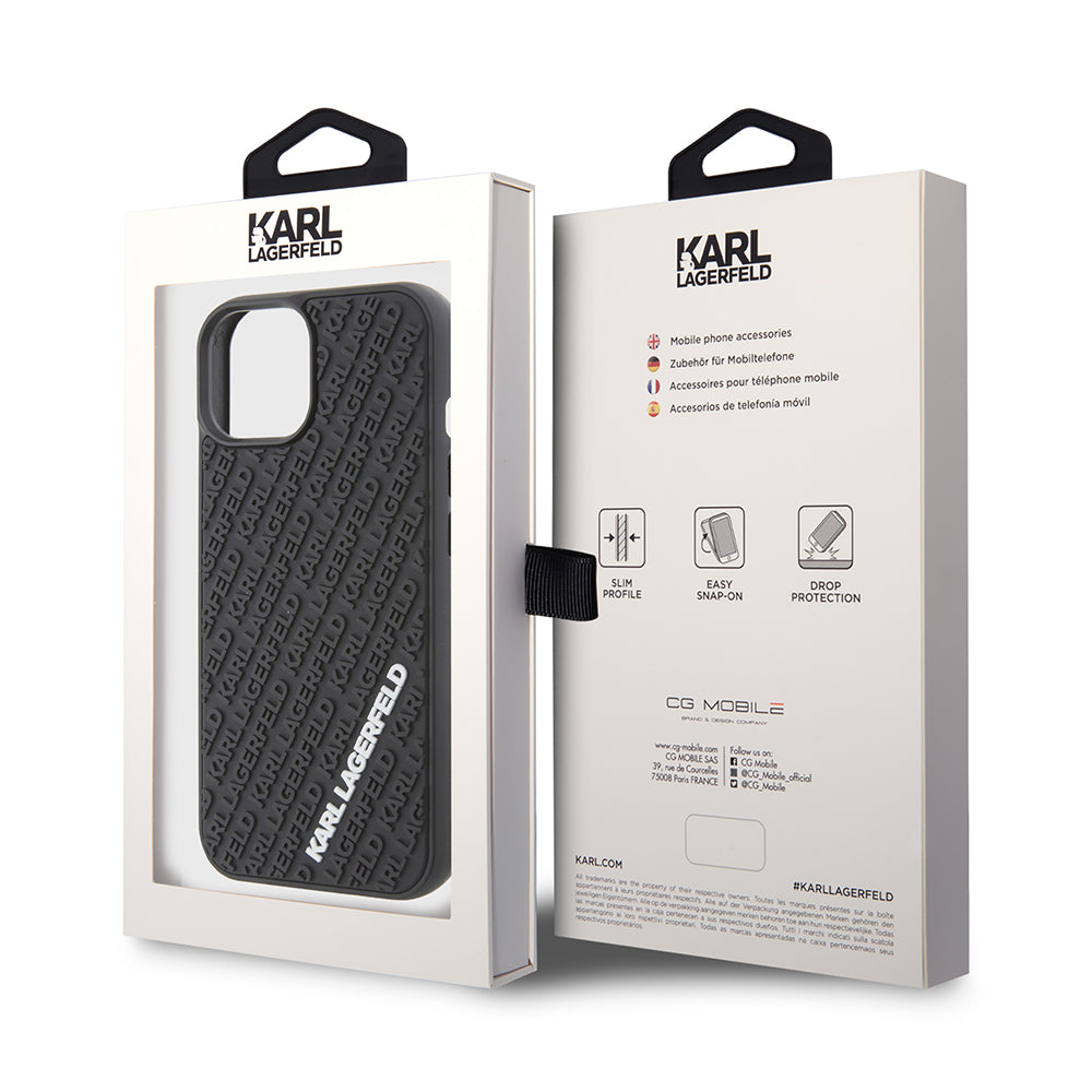 Hülle für Apple iPhone 15, Karl Lagerfeld, 3D Rubber Multi Logo, Schwarz