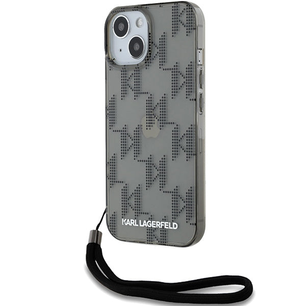 Case for Apple iPhone 15, Karl Lagerfeld, IML Luxury Monogram KL Pattern with Strap, Black