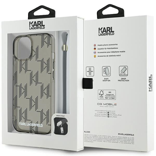 Case for Apple iPhone 15, Karl Lagerfeld, IML Luxury Monogram KL Pattern with Strap, Black