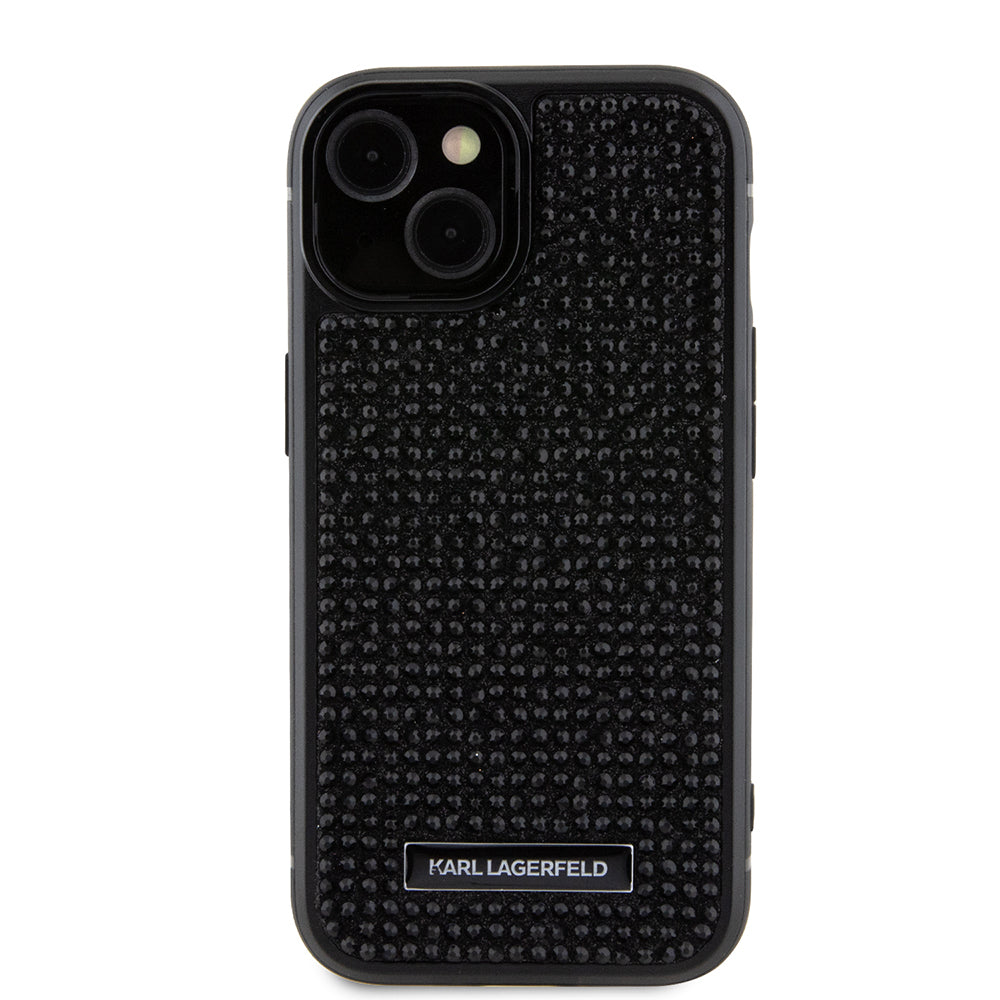 Hülle für Apple iPhone 15, Karl Lagerfeld, Rhinestone Metal Plate, Schwarz