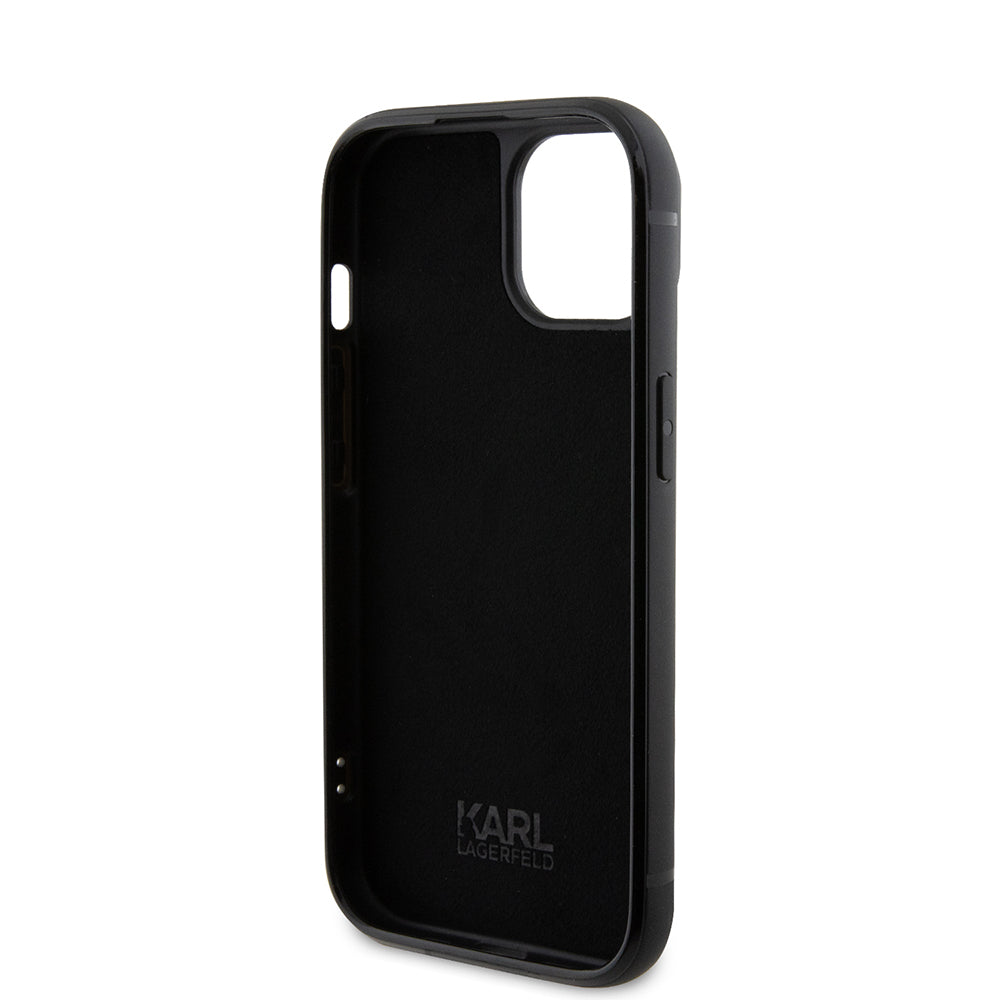 Hülle für Apple iPhone 15, Karl Lagerfeld, Rhinestone Metal Plate, Schwarz