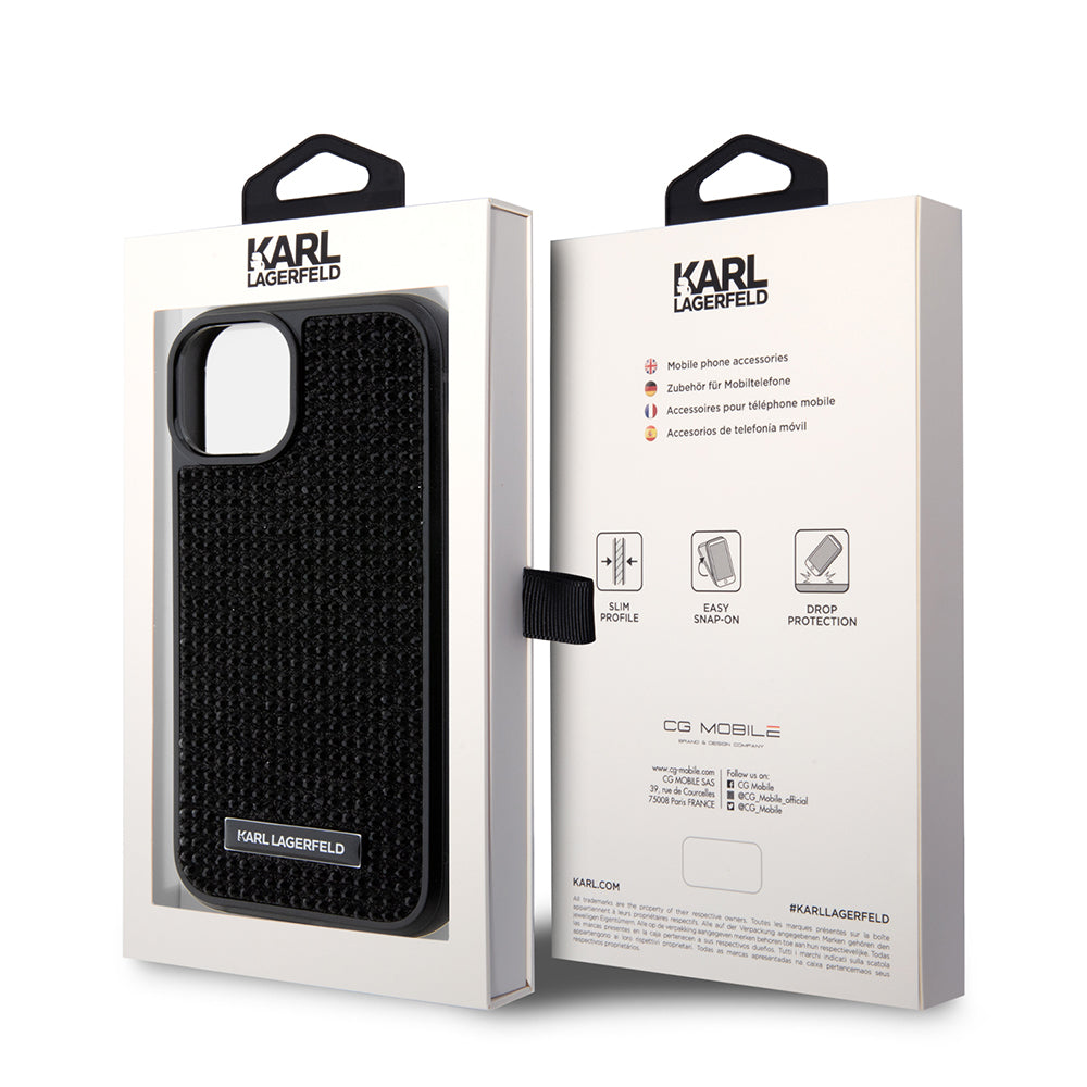 Hülle für Apple iPhone 15, Karl Lagerfeld, Rhinestone Metal Plate, Schwarz