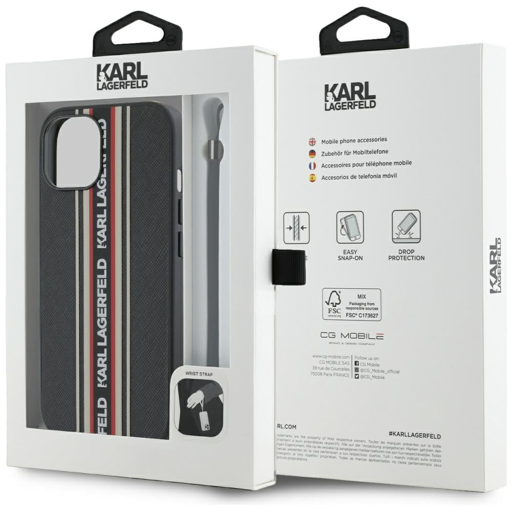 Hülle für Apple iPhone 15, Karl Lagerfeld, Saffiano Athleisure Stripes with Strap, Rosie