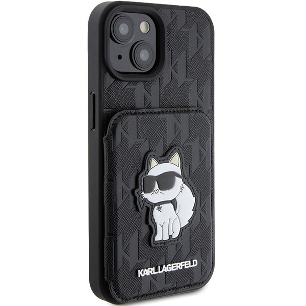 Hülle für Apple iPhone 15, Karl Lagerfeld, Saffiano Kartenfächer und Ständer Monogramm Choupette, Schwarz