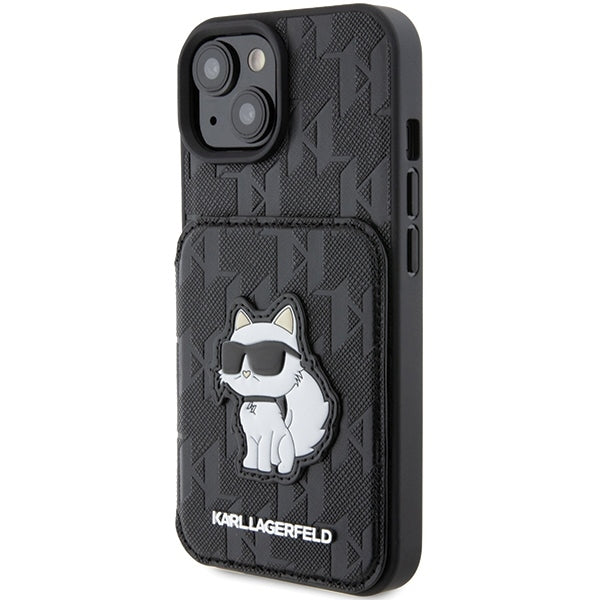 Hülle für Apple iPhone 15, Karl Lagerfeld, Saffiano Kartenfächer und Ständer Monogramm Choupette, Schwarz