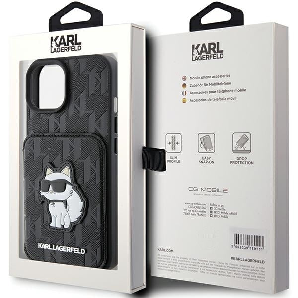 Hülle für Apple iPhone 15, Karl Lagerfeld, Saffiano Kartenfächer und Ständer Monogramm Choupette, Schwarz