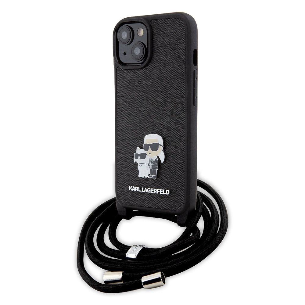 Hülle für Apple iPhone 15, Karl Lagerfeld, Saffiano Crossbody Metal Pin Karl & Choupette, Schwarz