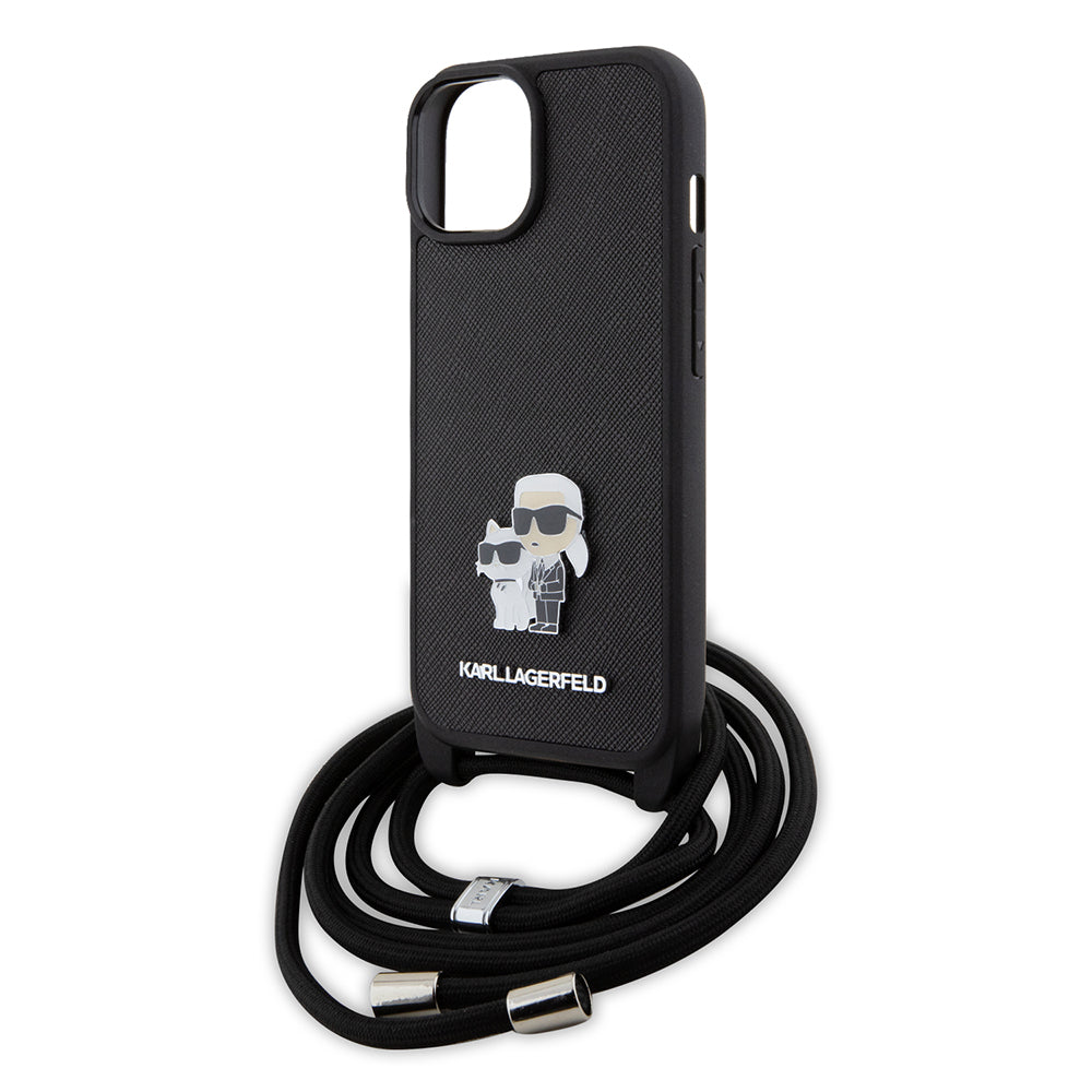 Hülle für Apple iPhone 15, Karl Lagerfeld, Saffiano Crossbody Metal Pin Karl & Choupette, Schwarz