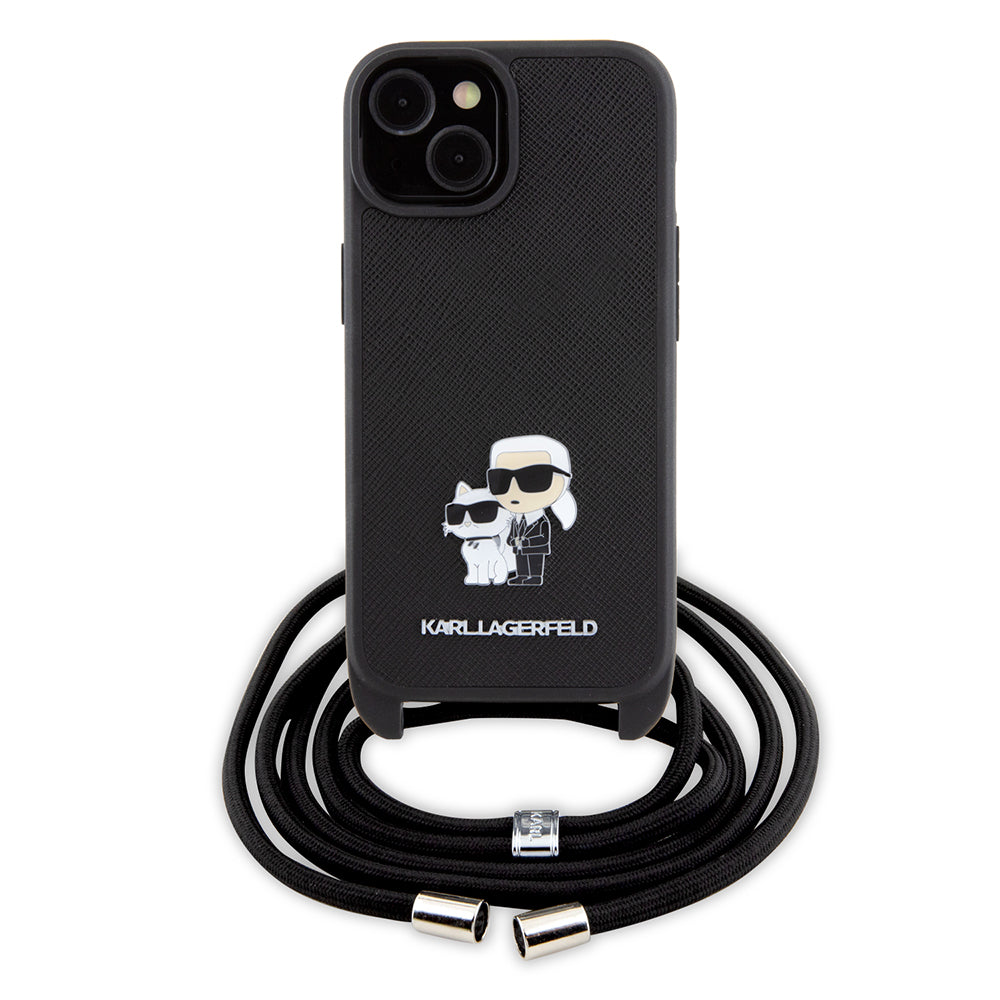 Hülle für Apple iPhone 15, Karl Lagerfeld, Saffiano Crossbody Metal Pin Karl & Choupette, Schwarz