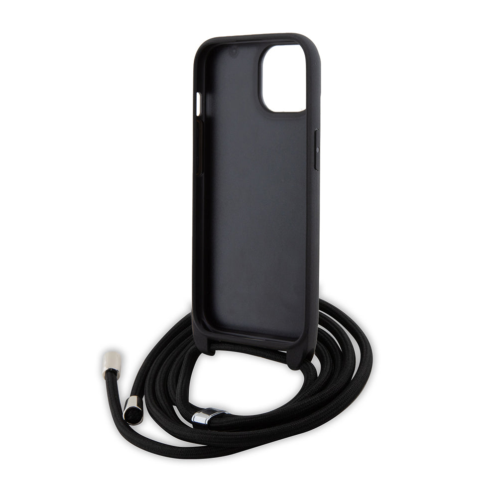 Hülle für Apple iPhone 15, Karl Lagerfeld, Saffiano Crossbody Metal Pin Karl & Choupette, Schwarz