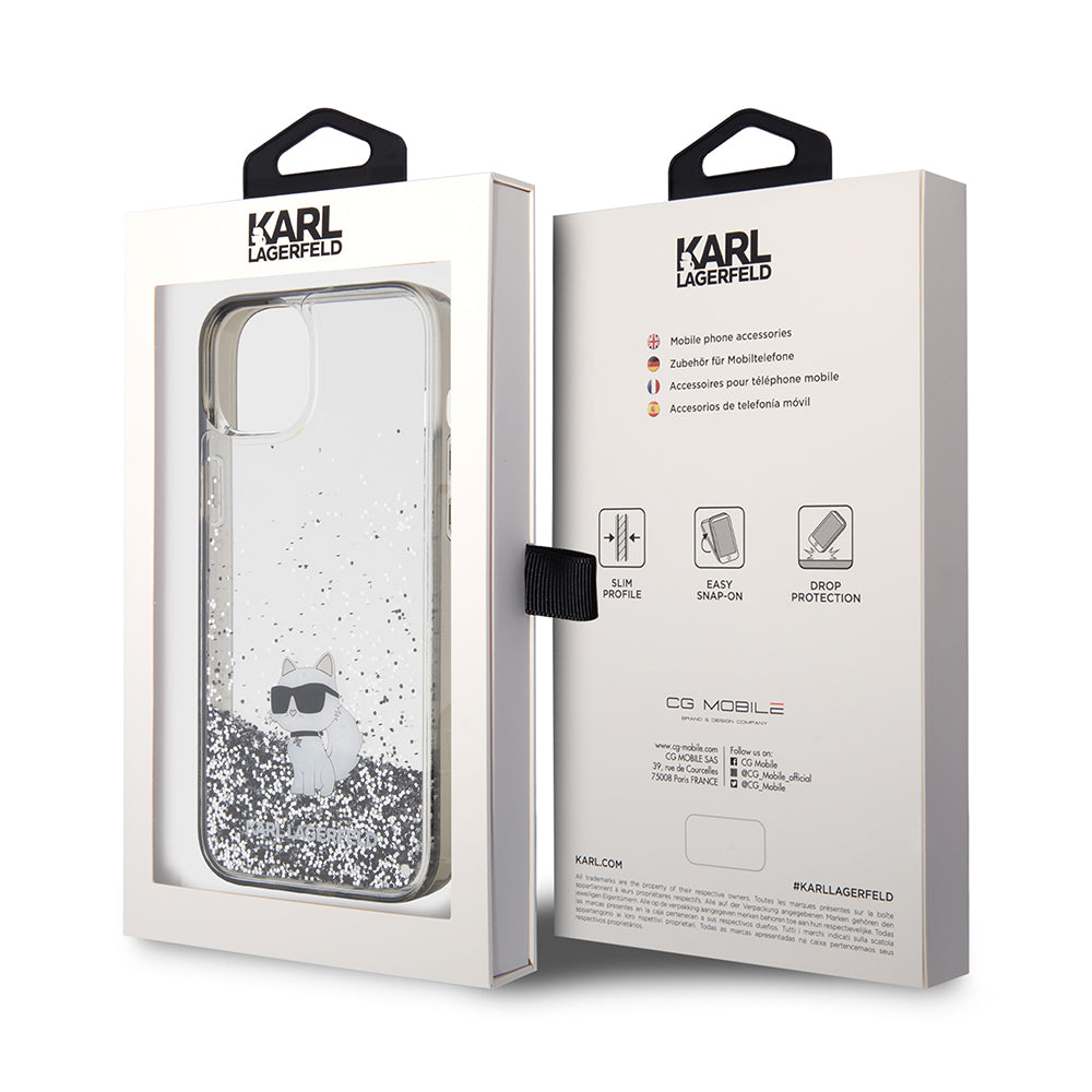 Hülle für Apple iPhone 15 Plus, Karl Lagerfeld, Liquid Glitter Choupette, Transparent