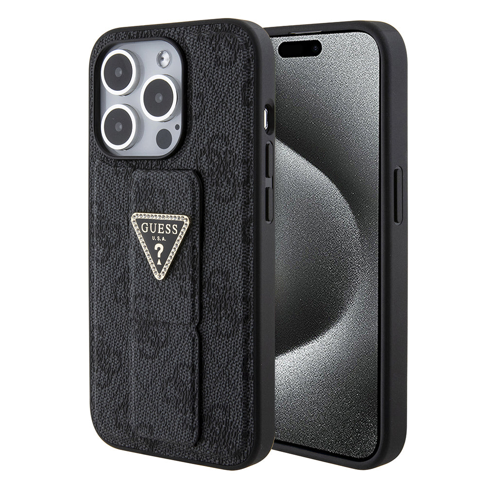 Hülle für Apple iPhone 15 Pro, Guess, Grip Stand 4G Triangle Strass, Schwarz