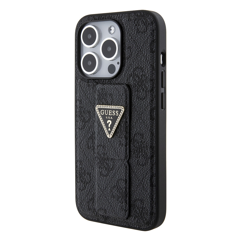 Hülle für Apple iPhone 15 Pro, Guess, Grip Stand 4G Triangle Strass, Schwarz