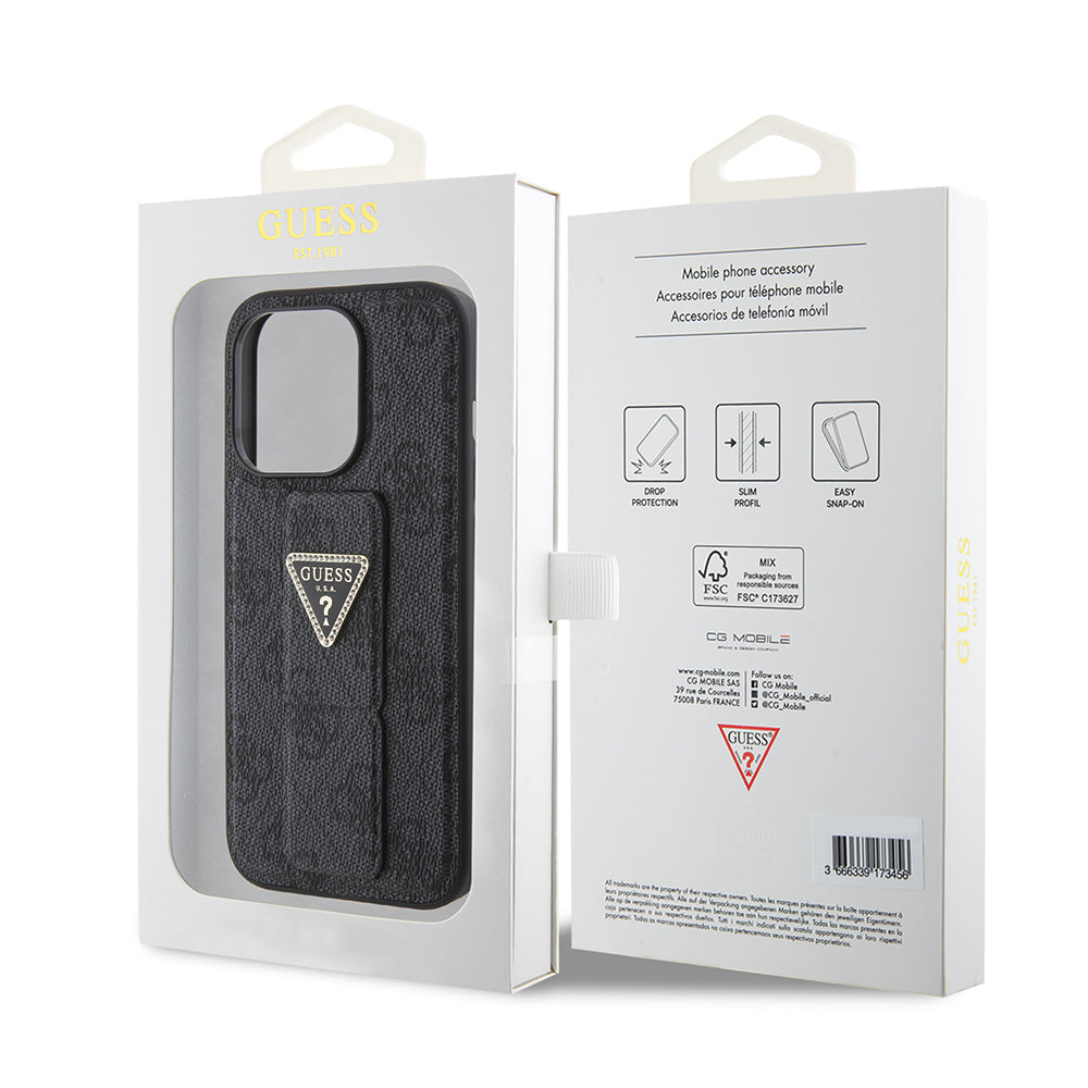 Hülle für Apple iPhone 15 Pro, Guess, Grip Stand 4G Triangle Strass, Schwarz