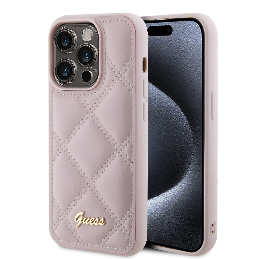 Hülle für Apple iPhone 15 Pro, Guess, Quilted Metal Logo, Rosa
