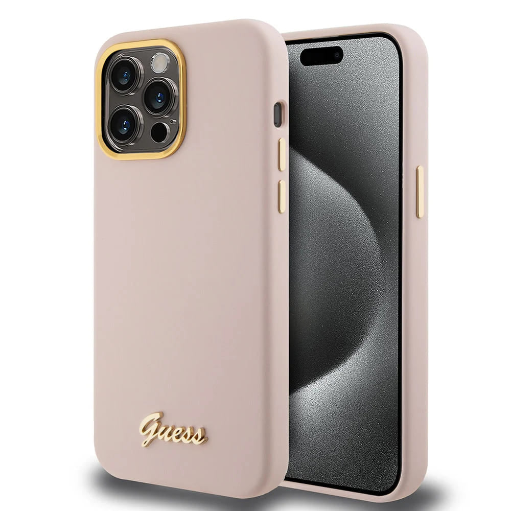 Hülle für Apple iPhone 15 Pro, Guess, Script Metal Logo & Rahmen, Hellrosa