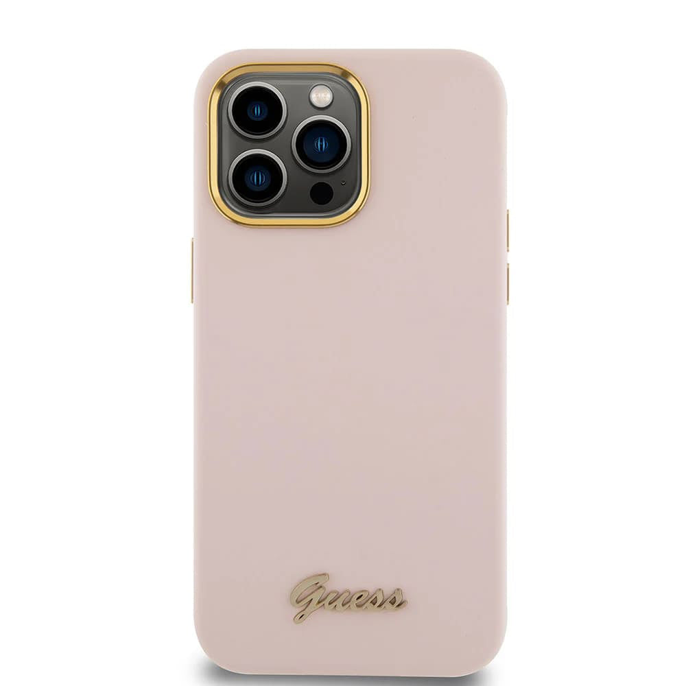 Hülle für Apple iPhone 15 Pro, Guess, Script Metal Logo & Rahmen, Hellrosa