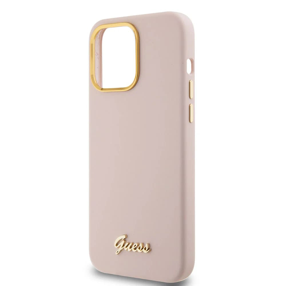 Hülle für Apple iPhone 15 Pro, Guess, Script Metal Logo & Rahmen, Hellrosa