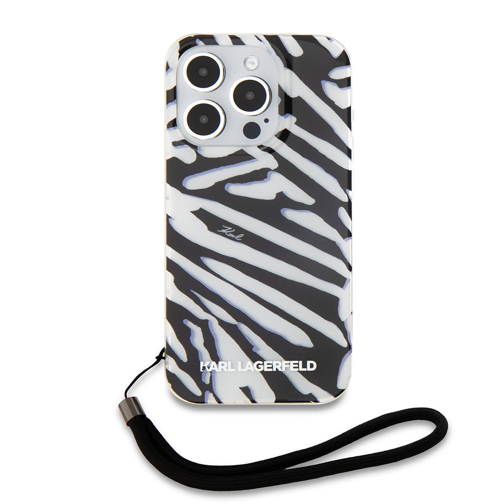 Hülle für Apple iPhone 15 Pro, Karl Lagerfeld, IML Luxury Zebra Muster mit Trageriemen, Schwarz