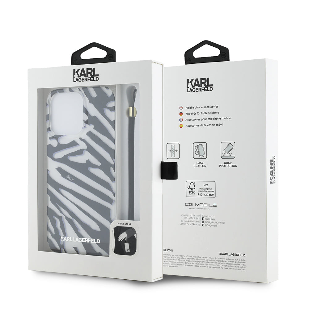 Hülle für Apple iPhone 15 Pro, Karl Lagerfeld, IML Luxury Zebra Muster mit Trageriemen, Schwarz