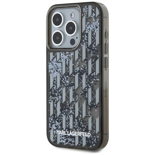 Hülle für Apple iPhone 15 Pro, Karl Lagerfeld, Liquid Glitter Monogram, Schwarz