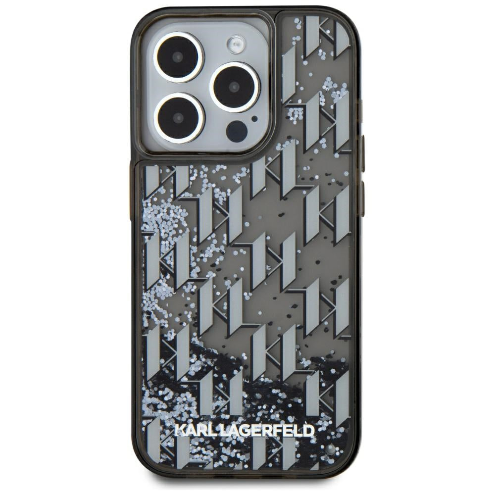Hülle für Apple iPhone 15 Pro, Karl Lagerfeld, Liquid Glitter Monogram, Schwarz