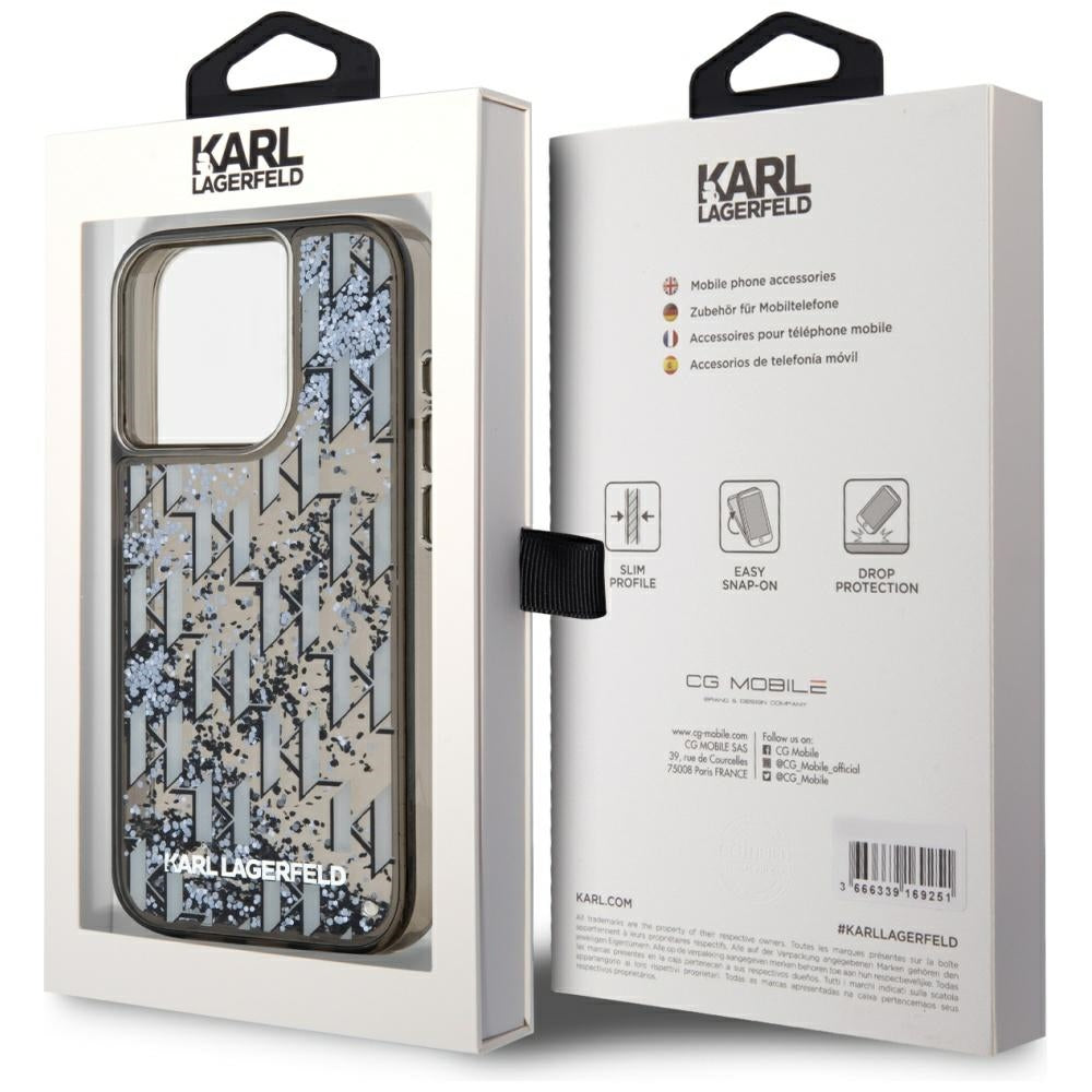 Hülle für Apple iPhone 15 Pro, Karl Lagerfeld, Liquid Glitter Monogram, Schwarz