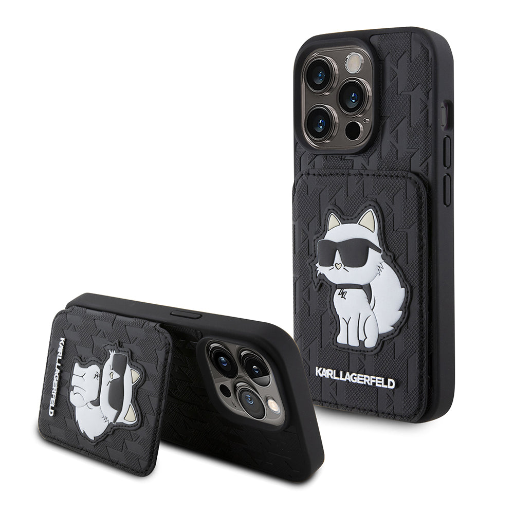 Hülle für Apple iPhone 15 Pro, Karl Lagerfeld, Saffiano Kartenfächer und Ständer Monogramm Choupette, Schwarz