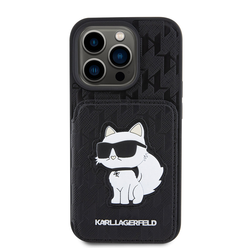 Hülle für Apple iPhone 15 Pro, Karl Lagerfeld, Saffiano Kartenfächer und Ständer Monogramm Choupette, Schwarz