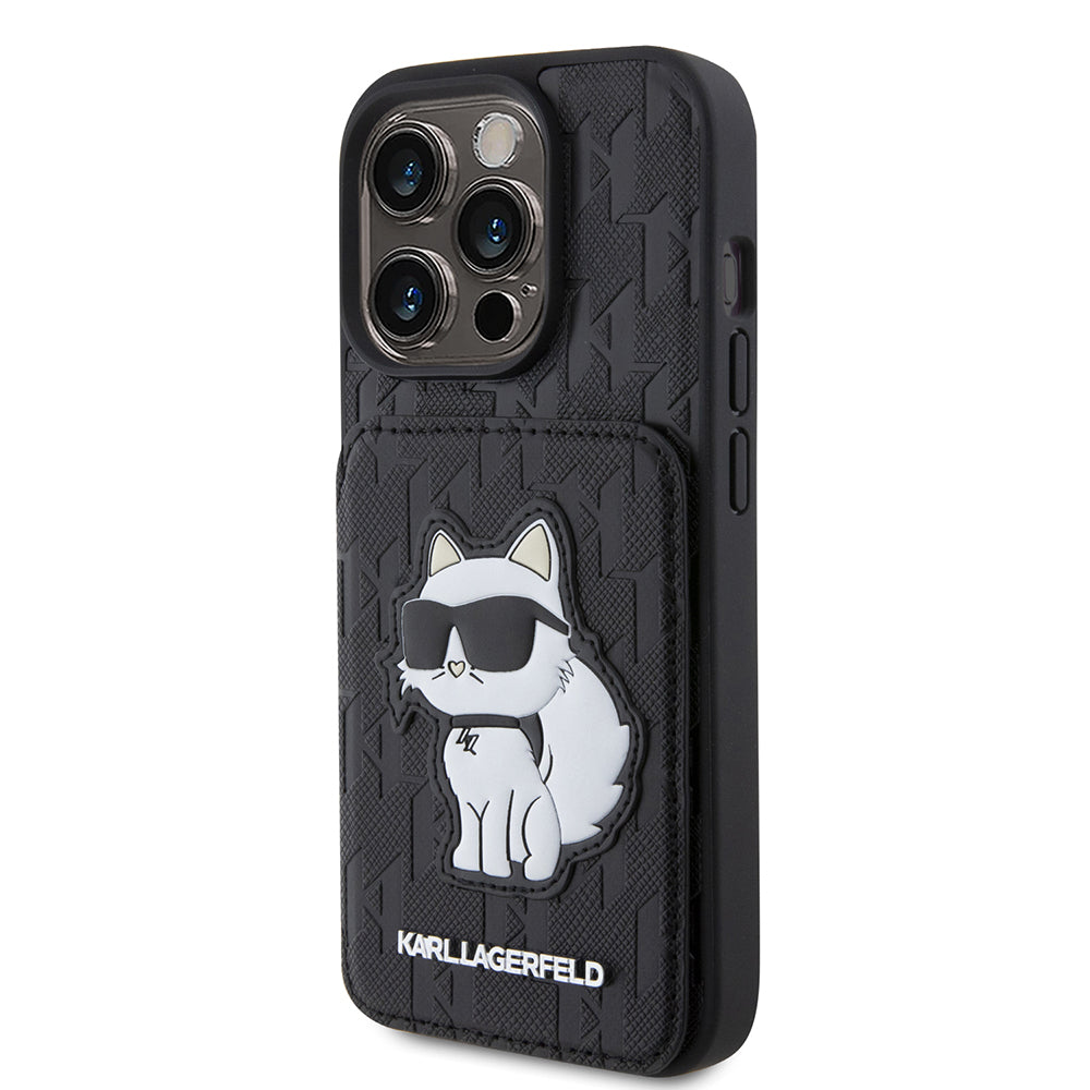 Hülle für Apple iPhone 15 Pro, Karl Lagerfeld, Saffiano Kartenfächer und Ständer Monogramm Choupette, Schwarz