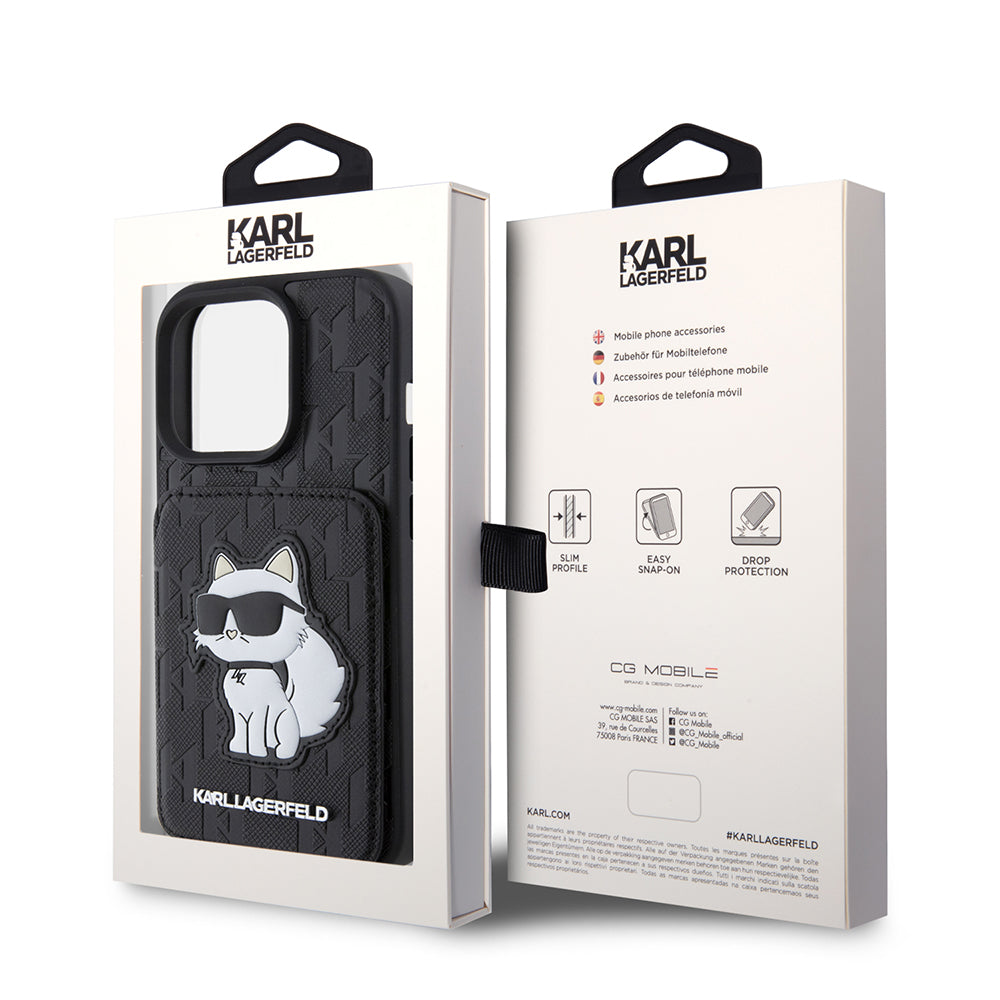 Hülle für Apple iPhone 15 Pro, Karl Lagerfeld, Saffiano Kartenfächer und Ständer Monogramm Choupette, Schwarz