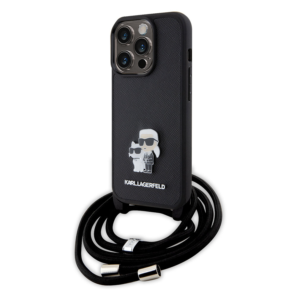 Hülle für Apple iPhone 15 Pro, Karl Lagerfeld, Saffiano Crossbody Metal Pin Karl & Choupette, Schwarz