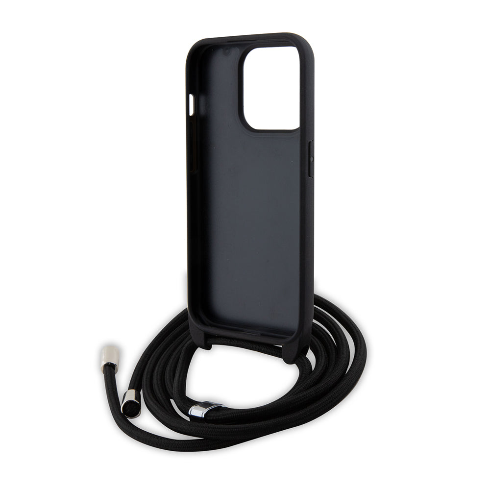 Hülle für Apple iPhone 15 Pro, Karl Lagerfeld, Saffiano Crossbody Metal Pin Karl & Choupette, Schwarz