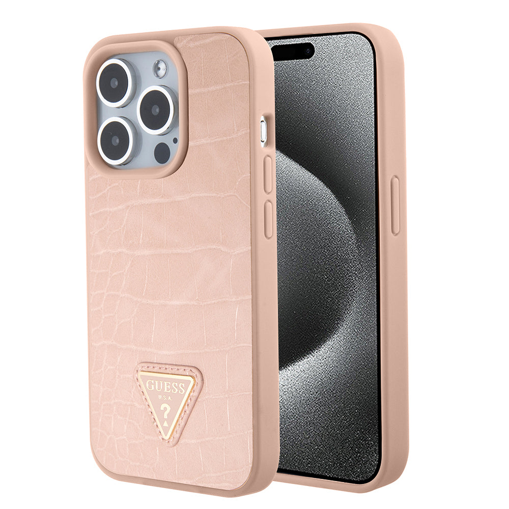 Case for Apple iPhone 15 Pro Max, Guess, Croco Triangle Metal Logo, Pink