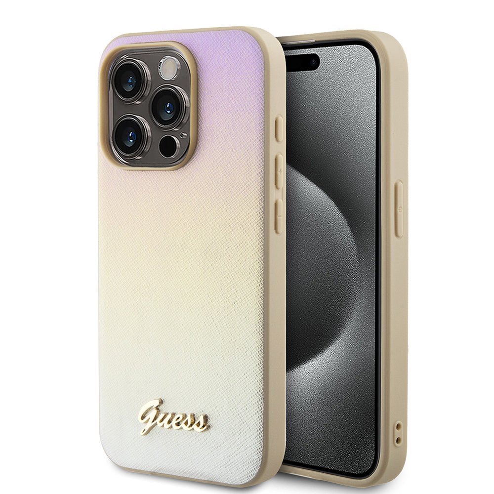 Hülle für Apple iPhone 15 Pro Max, Guess, Saffiano Iridescent Script, Gold