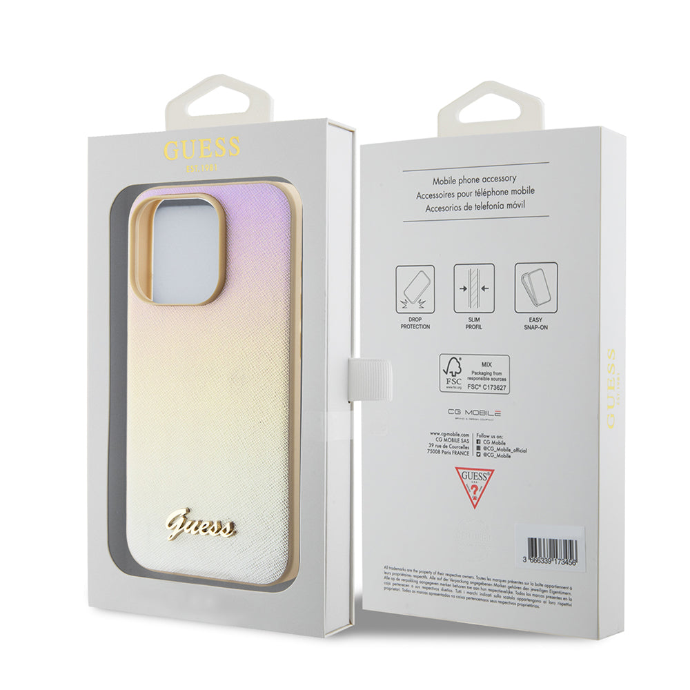 Hülle für Apple iPhone 15 Pro Max, Guess, Saffiano Iridescent Script, Gold